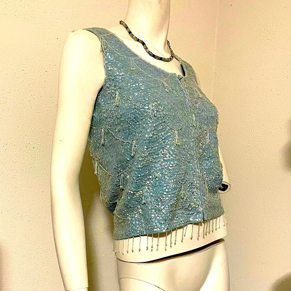NEW blue sequins sparkly beaded zip up sleeveless dressy top vest jacket Vintage - Picture 2 of 11